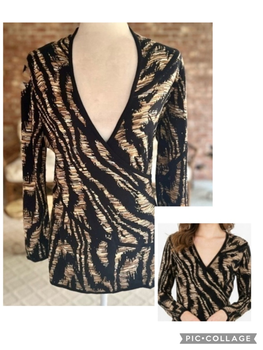 Nic+Zoe Top Animal Print Black Brown Asymmetrical Knit M Chic Date Work Party